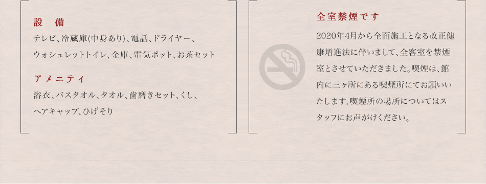 設備,アメニティ,禁煙室について